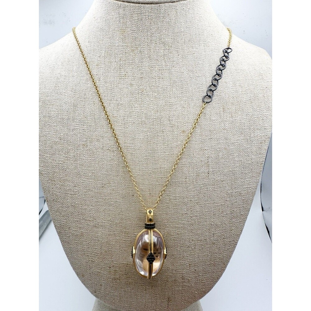 FREIDA ROTHMAN MATTE GOLD ON STERLING BLACK CLEAR CRYSTAL EGG PENDANT NECKLACE